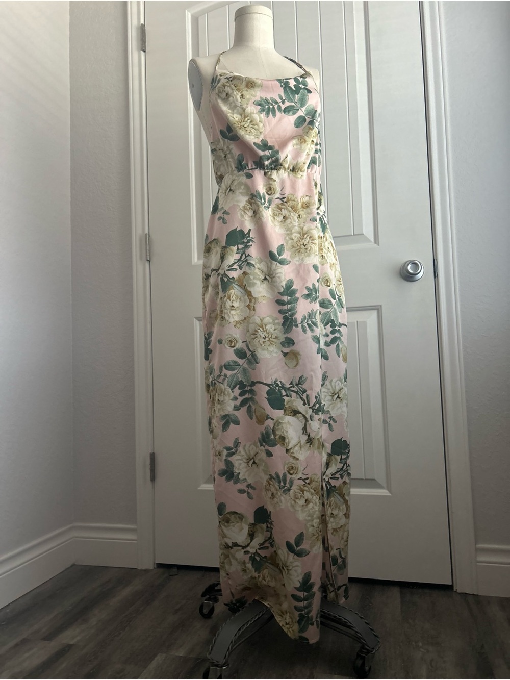 Lulu's Pink Floral Satin Cowl-Neck Maxi Dress with Green Leaf Print
